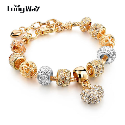 LongWay Luxury Crystal Heart Charm Bracelets & Bangles Gold Color Bracelets For Women Femme Jewellery Pulseras Mujer Sbr160056