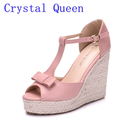 Crystal Queen Women Sandals Wedges Shoes Platform High Heels Sandals T Belt Women Sandals Hemp Rope Straw Braid Wedding Shoes
