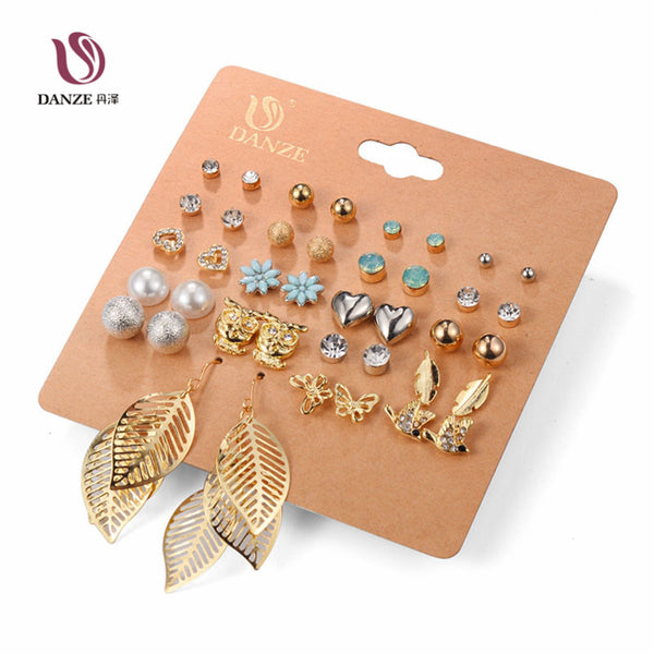 DANZE Punk 20 Pairs Pack Set Brincos Mixed Stud Earrings For Women Crystal Ear Studs Fashion Simulated Pearl Jewelry Wholesale