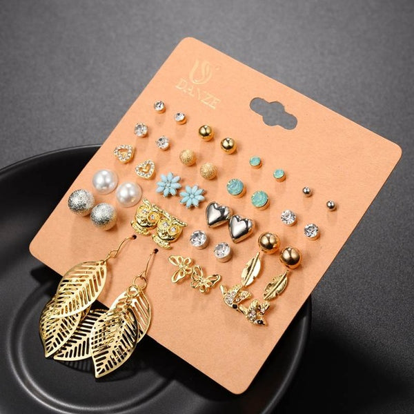 DANZE Punk 20 Pairs Pack Set Brincos Mixed Stud Earrings For Women Crystal Ear Studs Fashion Simulated Pearl Jewelry Wholesale