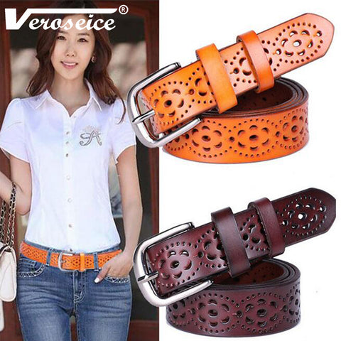 [TG] Hot Sale Unique Genuine Leather Women Belt Cowhide Punched Strap All Match Jeans Female Belts For Women High Quality
