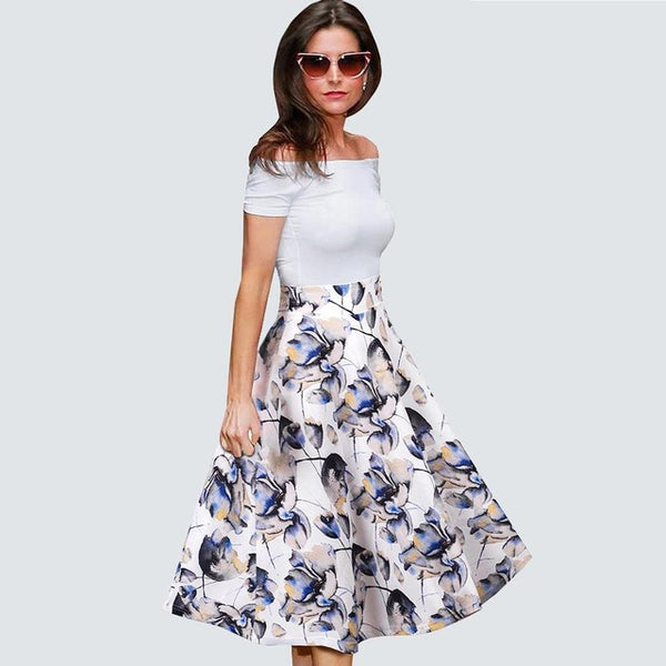 Summer Ladylike Patchwork Red Dots Vintage Slash Neck Womens Chic Gorgeous Ball Gown Off shoulder Casual Vintage Dress A015
