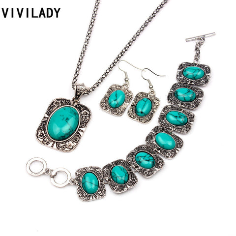 VIVILADY Vintage Silver Color Jewelry Sets Women Natural Stone Necklace Bracelet Earrings Bridal Wedding Party Christmas Gift