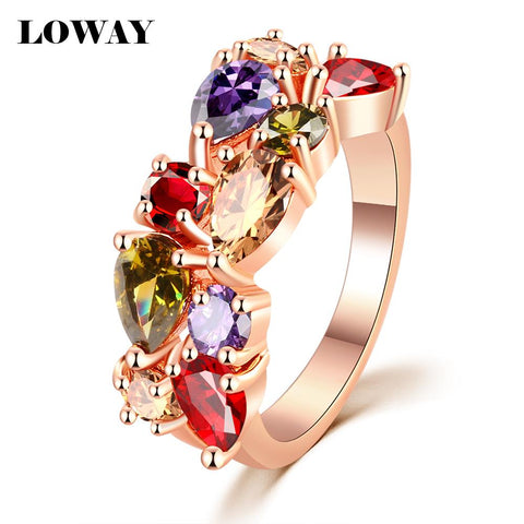 LOWAY Fashion Multicolor Rings Women Anillos Cubic Zirconia  Rose Gold Color Wedding Finger Ring Fine Jewelry Bague JZ5900