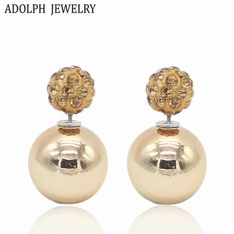 ADOLPH Jewelry Nice Gold Sliver Korean Crystal Two Ball Pearls Stud Earrings Fashion double Pearl Women Earrings Zinc Alloy