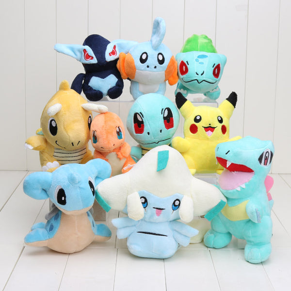 11-18cm Cute Plush Toys Pikachu Bulbasaur Jirachi Squirtle Totodile Dragonite Charmander Lapras Lugia Mudkip Poke Dolls