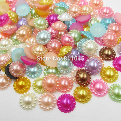 50pcs/lot 12mm Mix Color Flower Shape Imitation Half Round Pearl Flatback Beads for Scrapbook DIY Decoration