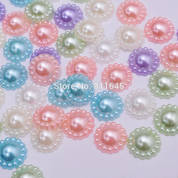 50pcs/lot 12mm Mix Color Flower Shape Imitation Half Round Pearl Flatback Beads for Scrapbook DIY Decoration