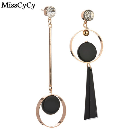 MissCyCy Fashion Asymmetry Gold Color Rhinestone Long Earrings For Women Personality Black Acrylic Pendant Drop Earrings