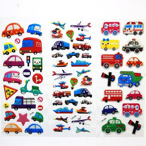 6PCS / lot Mixed Cartoon Bubble Stickers  Transport Cars Children Kids Girls&Boys  Cartoon Stickers Decoration Christmas Gift
