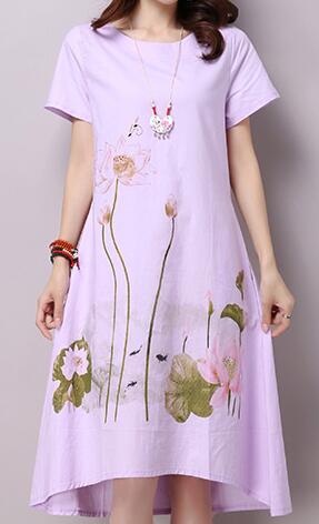 Saiqigui Summer Dress Plus Size Short Sleeve White Women Dress Casual Cotton Linen Dress Lotus Printing O-Neck Vestidos de Festa