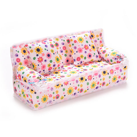 2016 Mini Dollhouse Furniture Flower Cloth Sofa Couch With 2 Full Cushions For Barbie Doll House Toys Free Shipping