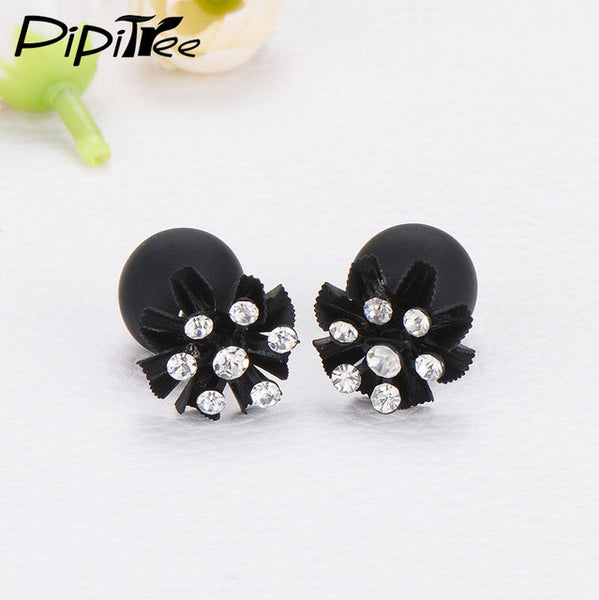 Fashion Double Sided Matte Simulated Pearl Stud Earrings Women Jewelry Korean Style Rhinestone Flower Earrings Lovely Pusety