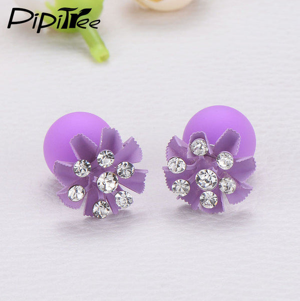 Fashion Double Sided Matte Simulated Pearl Stud Earrings Women Jewelry Korean Style Rhinestone Flower Earrings Lovely Pusety