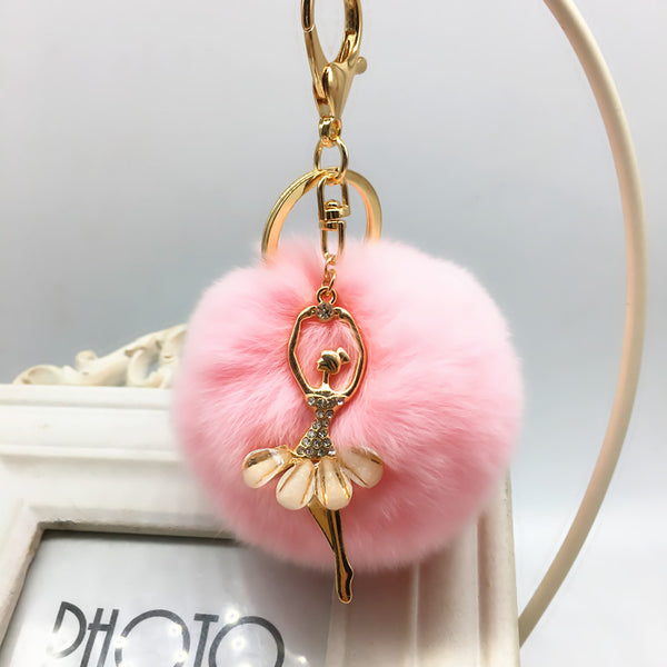 Rabbit fur hair chain plush ball rhinestone ball pom pom toys girls bags ring pendant toy for bag decoration