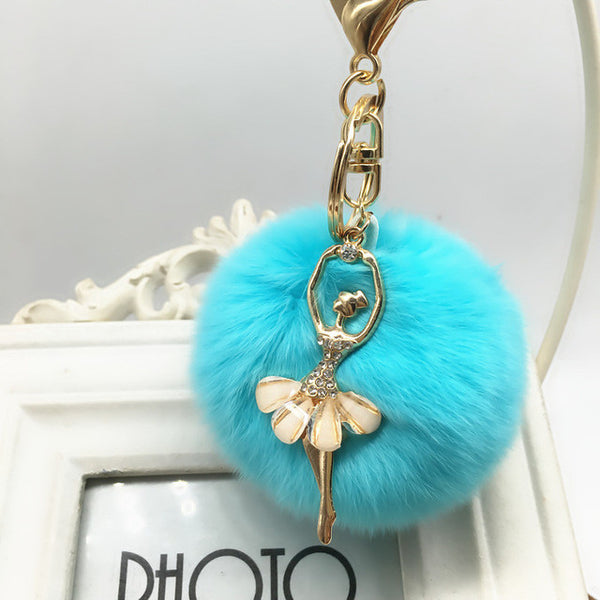 Rabbit fur hair chain plush ball rhinestone ball pom pom toys girls bags ring pendant toy for bag decoration