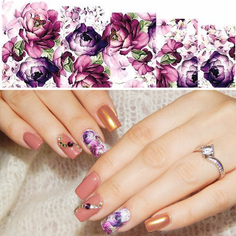 Nail Salon 1PC Water Transfer Nails Art Sticker Purple Flowers Nail Wraps Sticker Watermark Fingernails Decals SASTZ369
