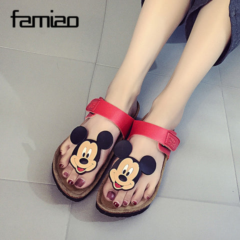 2016 New Style Cork Women's Summer Shoes Flat With Sandals Female Slippers Mickey Cartoon Casual Wear Non-Slip Beach Flip Flops