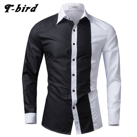 T-Bird 2017 Fashion Brand Men Shirt Black White Dress Shirt Long Sleeve Slim Fit Camisa Masculina Casual Male Hawaiian Shirts