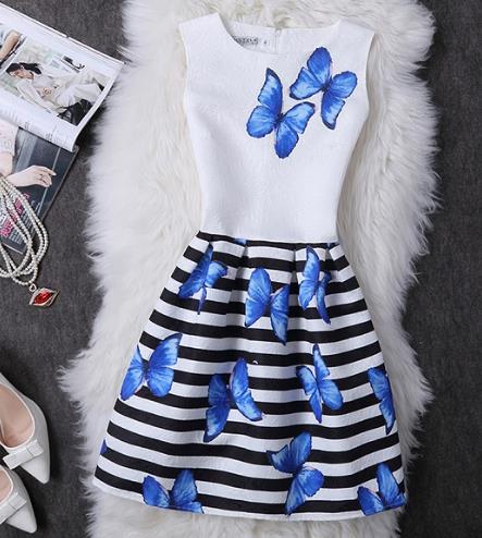 New A-Line dress for Women teenagers butterfly print sleeveless Ladies princess party dress 12 - 20 years 2017 Women's dress