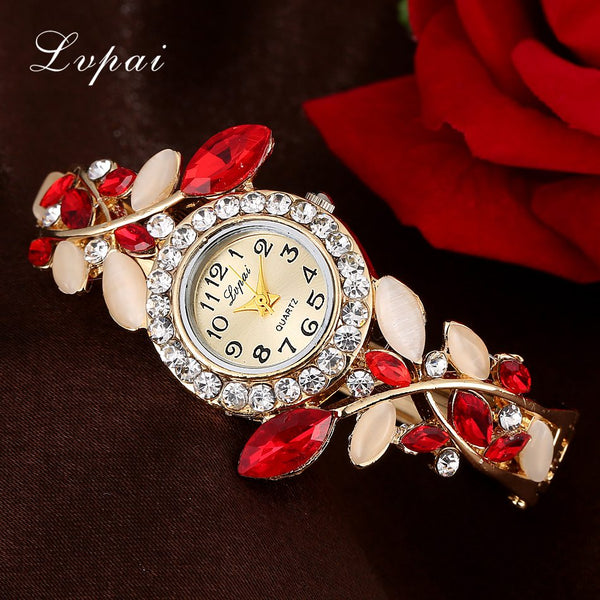 Lvpai Fashion Vintage Women Dress Watches Colorful Crystal Women Bracelet Watch Wristwatch Casual Gift Dress Clock Red Watches