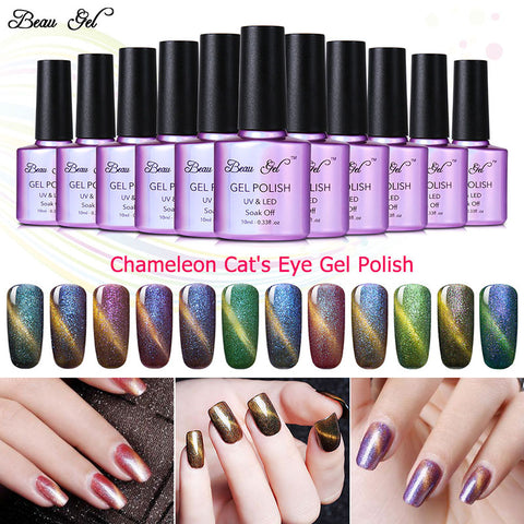 Beau Gel 1Pcs 10ml UV Chameleon Gel Nail 3D Magnetic Cat Eye Soak Off UV Gel Polish Glitter Varnish 24 Colors Gel Lak