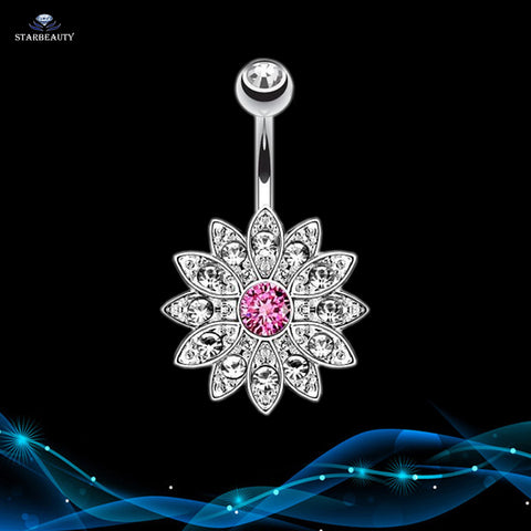 14G Sun Flower Petal Navel Piercing Ombligo Silver Pink Crystal Belly Button Rings Body Piercing Nombril Pircing Navelpiercing