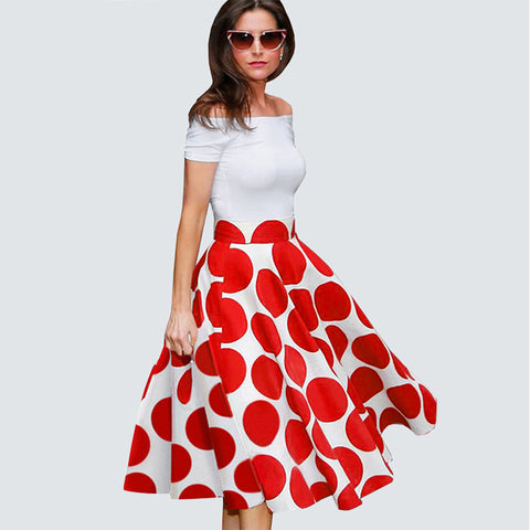 Summer Ladylike Patchwork Red Dots Vintage Slash Neck Womens Chic Gorgeous Ball Gown Off shoulder Casual Vintage Dress A015