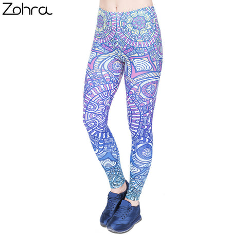 Zohra Women Legging Mandala Blue Ombre Printing Fashion Bottoms Sexy High Waist Fitness Leggings Stretch Pants for Womens