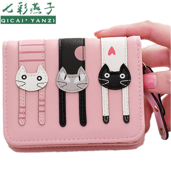 2017 New Women Cute PU Leather Hasp Cartoon Cat Short Wallet Animal Change Purse Card Holder Girls Handbag Free Shipping P361