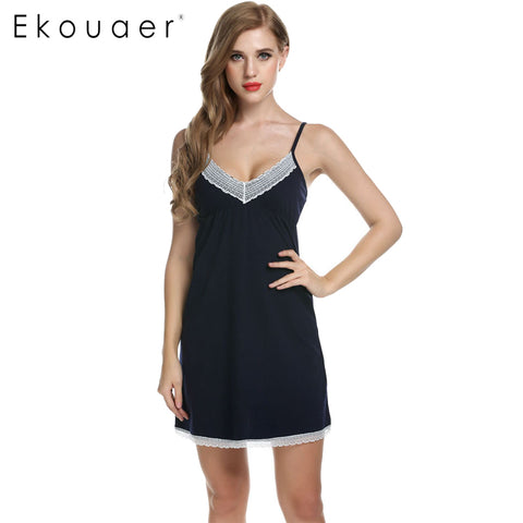 Ekouaer Women Nightgowns Cotton Night Dress Sexy Spaghetti Strap V-Neck Lace Casual Home Dress Night Shirt Sleepwear Nightwear