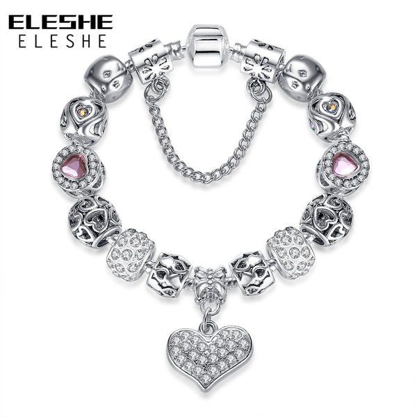 Valentine's Gift 925 Unique Silver Jewelry Heart Bracelet Bangle European Crystal Charms Beads Bracelet For Women Pulseras Gift