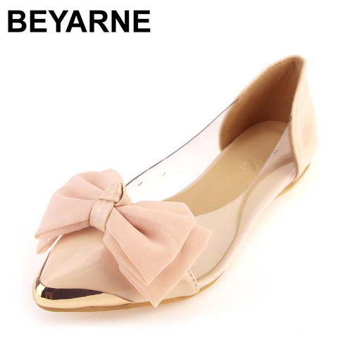 BEYARNE Hot-selling ol princess shoes bow transparent film shoes metal flat pointed toe flatsLarge size 35 -43
