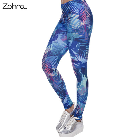 Zohra New Fashion Women Leggings Tropical Leaves Printing Blue Fitness Legging Sexy Silm Legins High Waist Stretch Trouser Pants