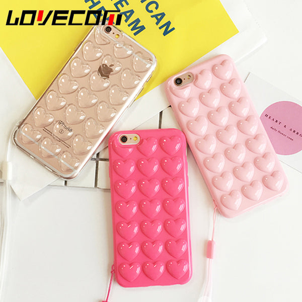 LOVECOM Korean Love Heart Jelly Candy Soft Silicon TPU Back Cover With Lanyard Phone Case For iphone 5 5S SE 6 6S 7 Plus Coque
