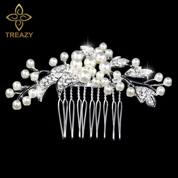 TREAZY Leaf Flower Butterfly Wedding Tiara Diamante Silver Plated Crystal Pearl Hair Combs Hairpins Bridal Jewelry Accessories