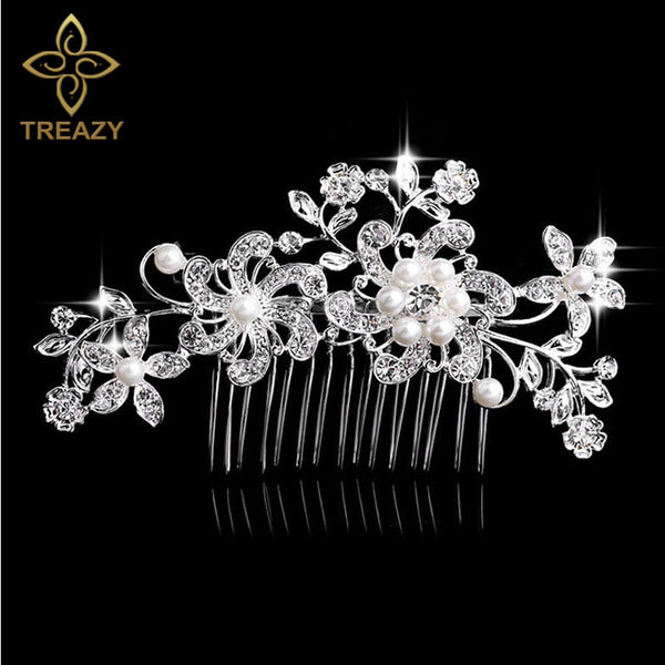 TREAZY Leaf Flower Butterfly Wedding Tiara Diamante Silver Plated Crystal Pearl Hair Combs Hairpins Bridal Jewelry Accessories