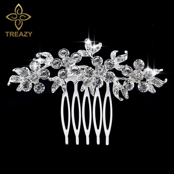 TREAZY Leaf Flower Butterfly Wedding Tiara Diamante Silver Plated Crystal Pearl Hair Combs Hairpins Bridal Jewelry Accessories