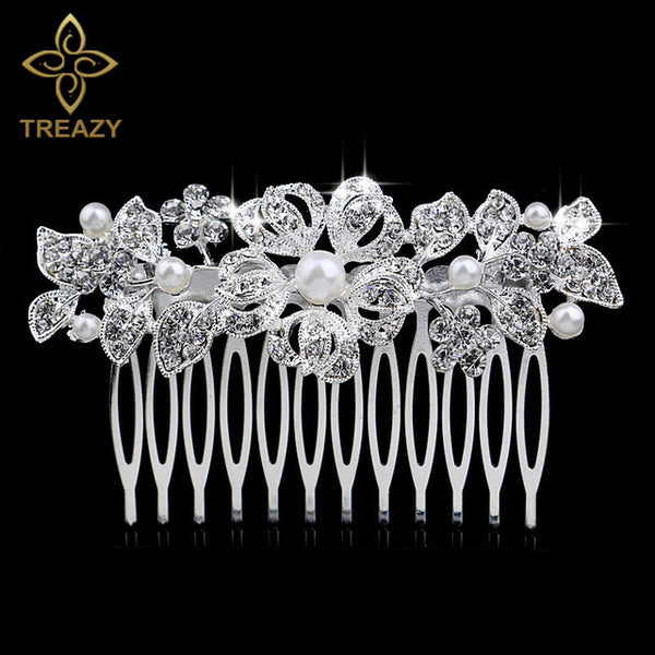 TREAZY Leaf Flower Butterfly Wedding Tiara Diamante Silver Plated Crystal Pearl Hair Combs Hairpins Bridal Jewelry Accessories