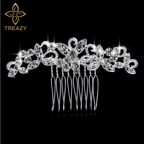 TREAZY Leaf Flower Butterfly Wedding Tiara Diamante Silver Plated Crystal Pearl Hair Combs Hairpins Bridal Jewelry Accessories