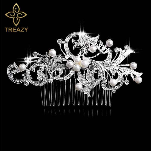 TREAZY Leaf Flower Butterfly Wedding Tiara Diamante Silver Plated Crystal Pearl Hair Combs Hairpins Bridal Jewelry Accessories