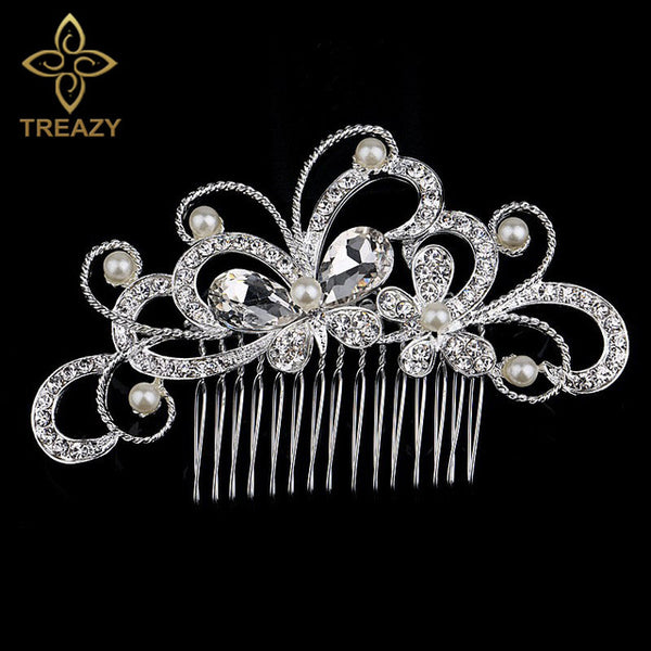 TREAZY Leaf Flower Butterfly Wedding Tiara Diamante Silver Plated Crystal Pearl Hair Combs Hairpins Bridal Jewelry Accessories