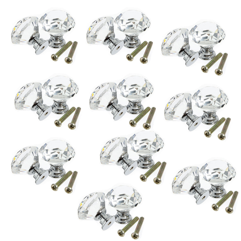 10pcs 30mm Diamond Crystal Glass Door Drawer Cabinet Furniture Handle Knob Screw