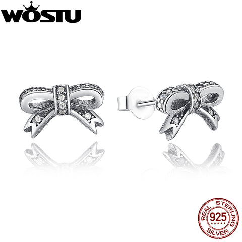 Genuine 100% 925 Sterling Silver Sparkling Bow Stud Earrings With Clear CZ For Women Compatible with Jewelry Gift