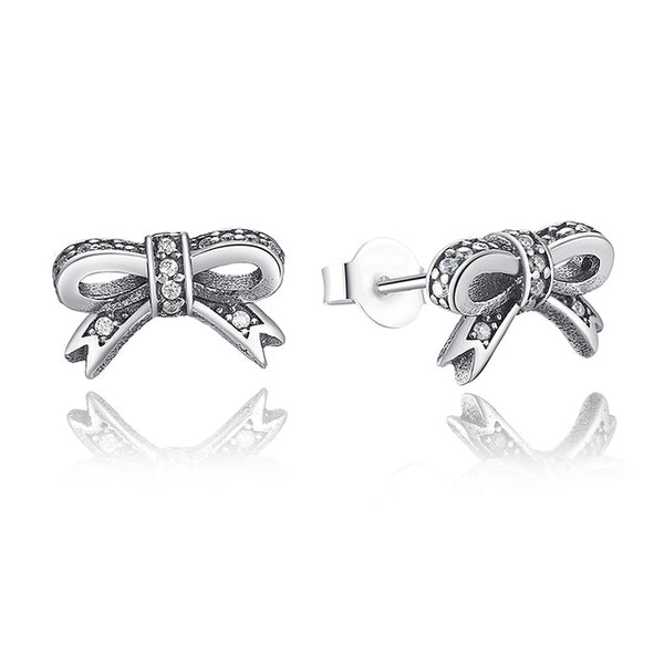 Genuine 100% 925 Sterling Silver Sparkling Bow Stud Earrings With Clear CZ For Women Compatible with Jewelry Gift