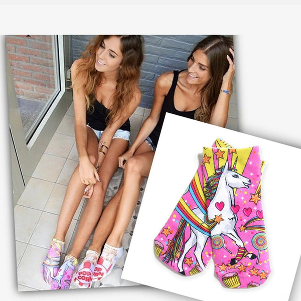 2017 Harajuku 3D Print Unicorn Socks Women Kawaii Ankle Licorne Chaussette Femme Calcetines Mujer Cute Emoji Art Socks D072