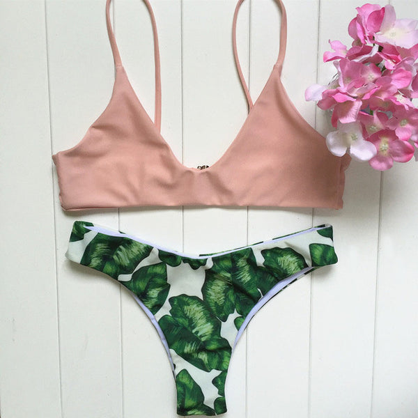 Vertvie Sexy Bikini Set Halter Flesh Pink Strap Push Up Swimwear Green Leaf Pattern Bottom Swimsuit Women 2017 New Summer Beach