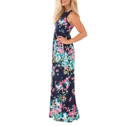Boho Floral Printed Sundress O-neck Summer Sexy Pleated Maxi Dress 2017 Casual Beachwear Femininos Vestidos Plus Size LX328
