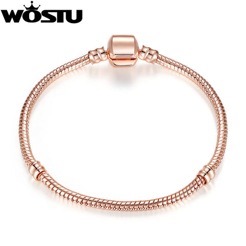 2017 Hot Sale 16-21cm Rose Gold Color & Silver Snake Chain Charm Bead Fit Original Bracelet Jewelry Gift For Women XCH9007