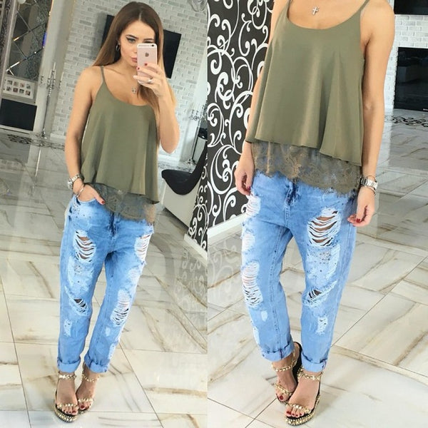 Summer Women Blouses Fashion Lace Patchwork Loose Tops Sexy Off Shoulder Low Cut Sleeveless Slip Women'S Shirt